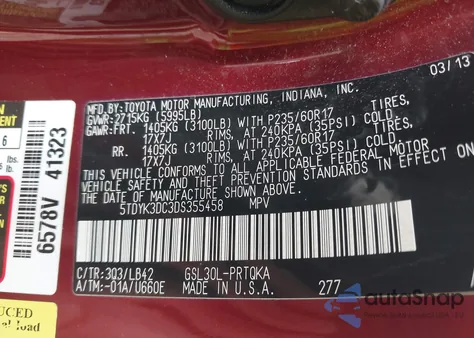 2013 Toyota Sienna Xle V6 8 Passenger from USA, damaged, VIN 5TDYK3DC3DS355458